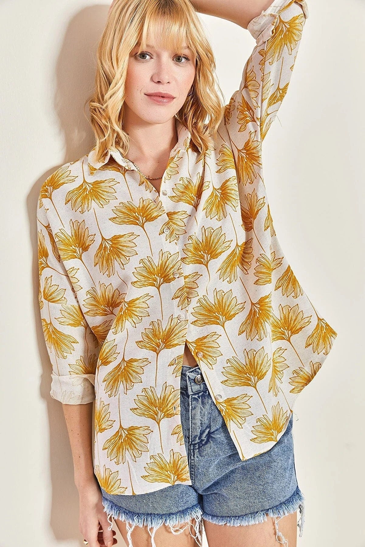 Green Gingko Print Linen Blend Blouse