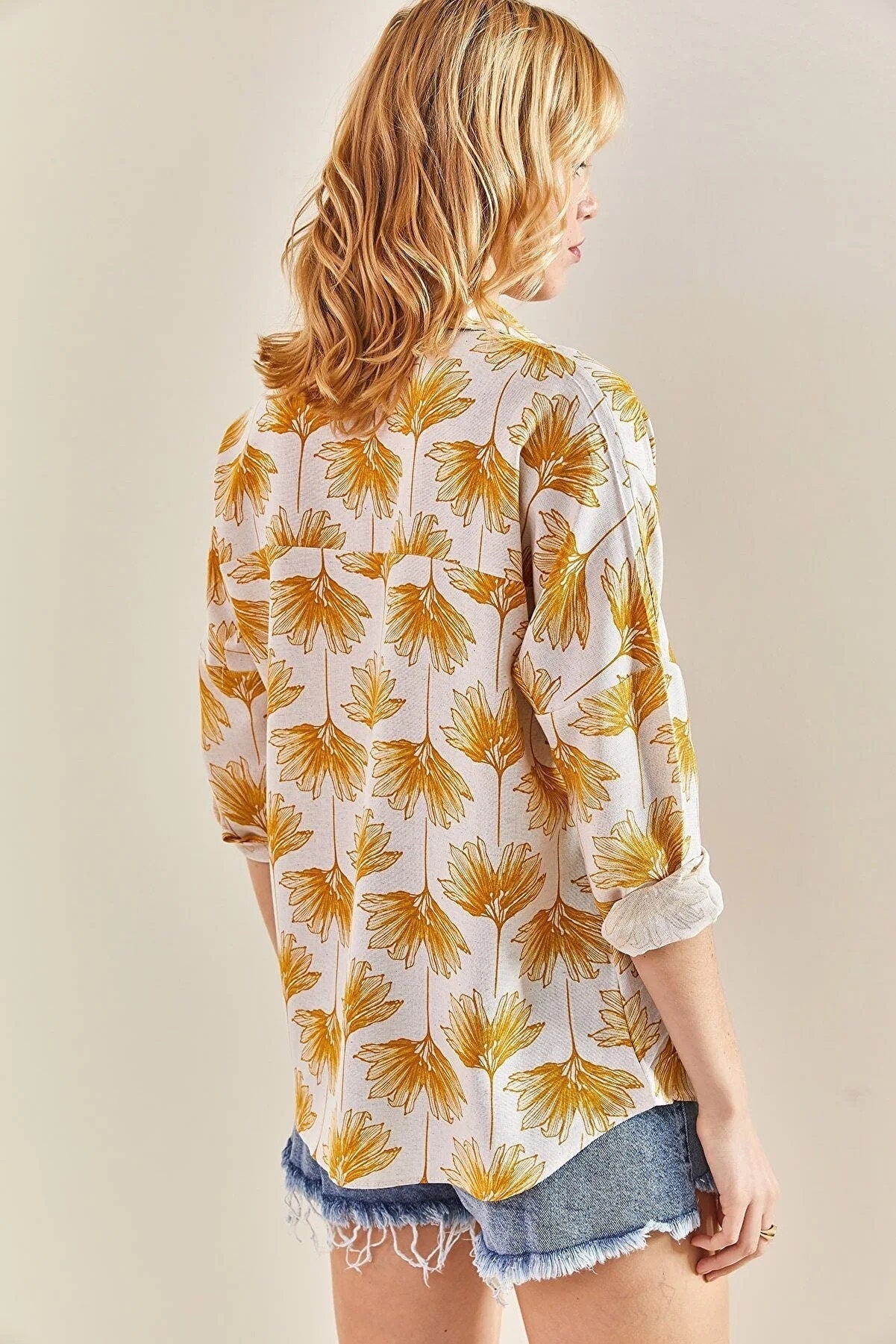 Green Gingko Print Linen Blend Blouse