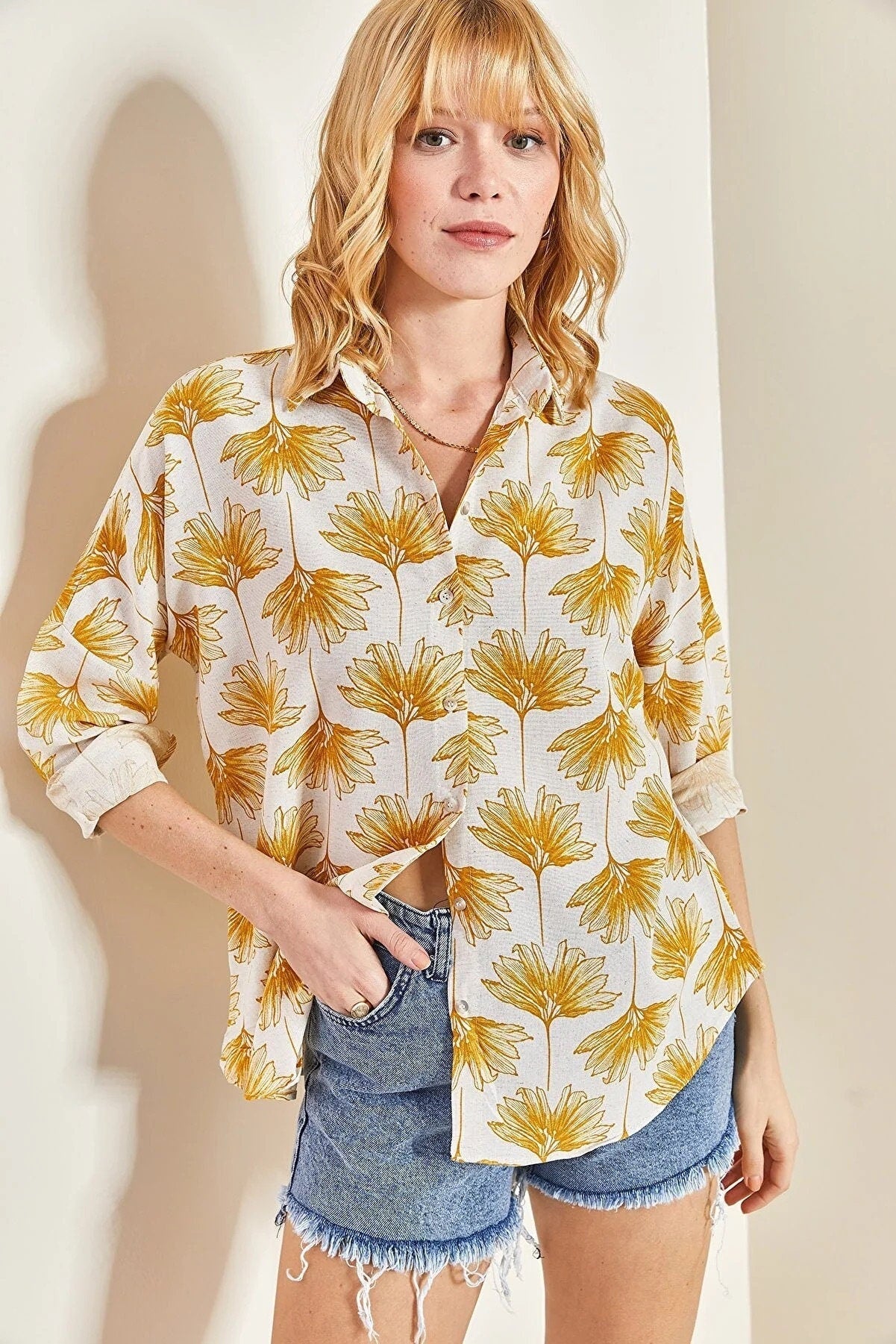 Green Gingko Print Linen Blend Blouse