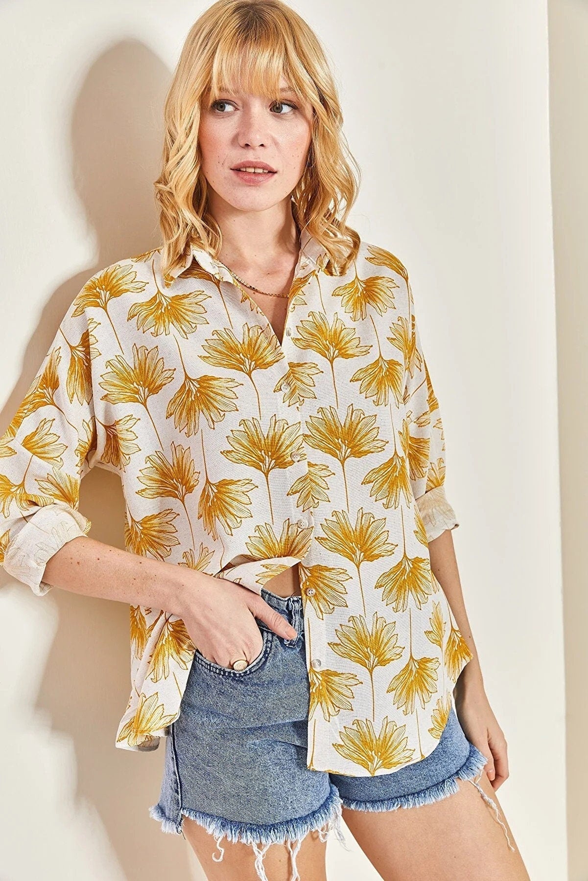 Green Gingko Print Linen Blend Blouse