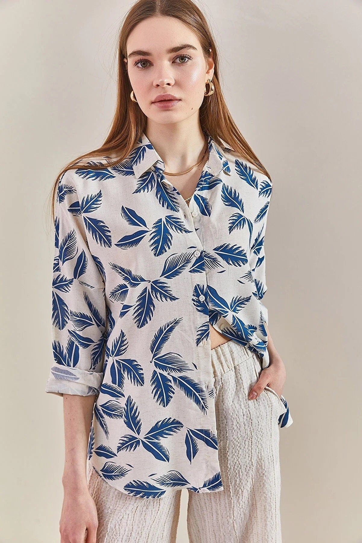 Blue Leaf Long Sleeve White Blouse