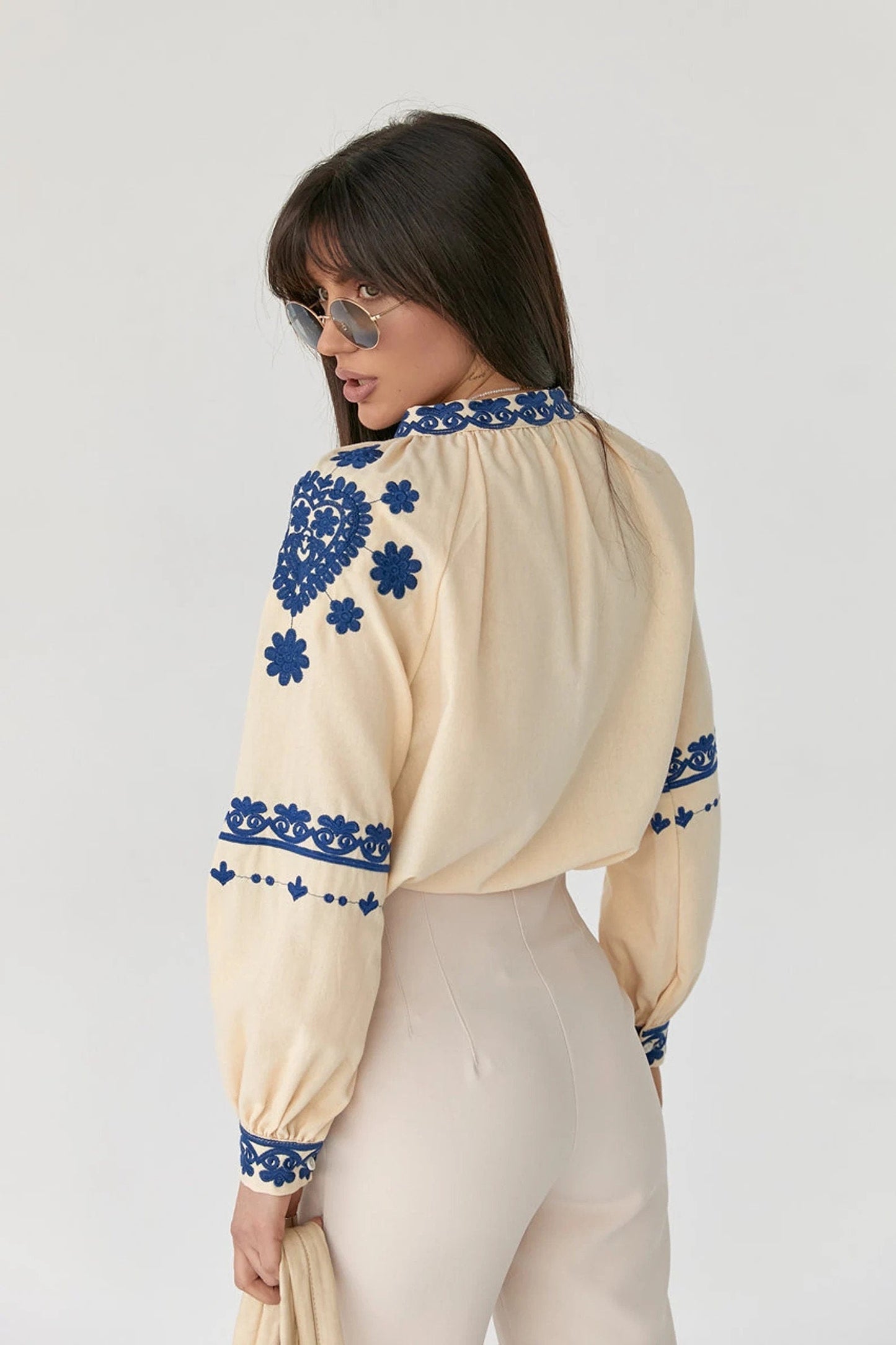 Ukrainian Blue Embroidered Cream Blouse