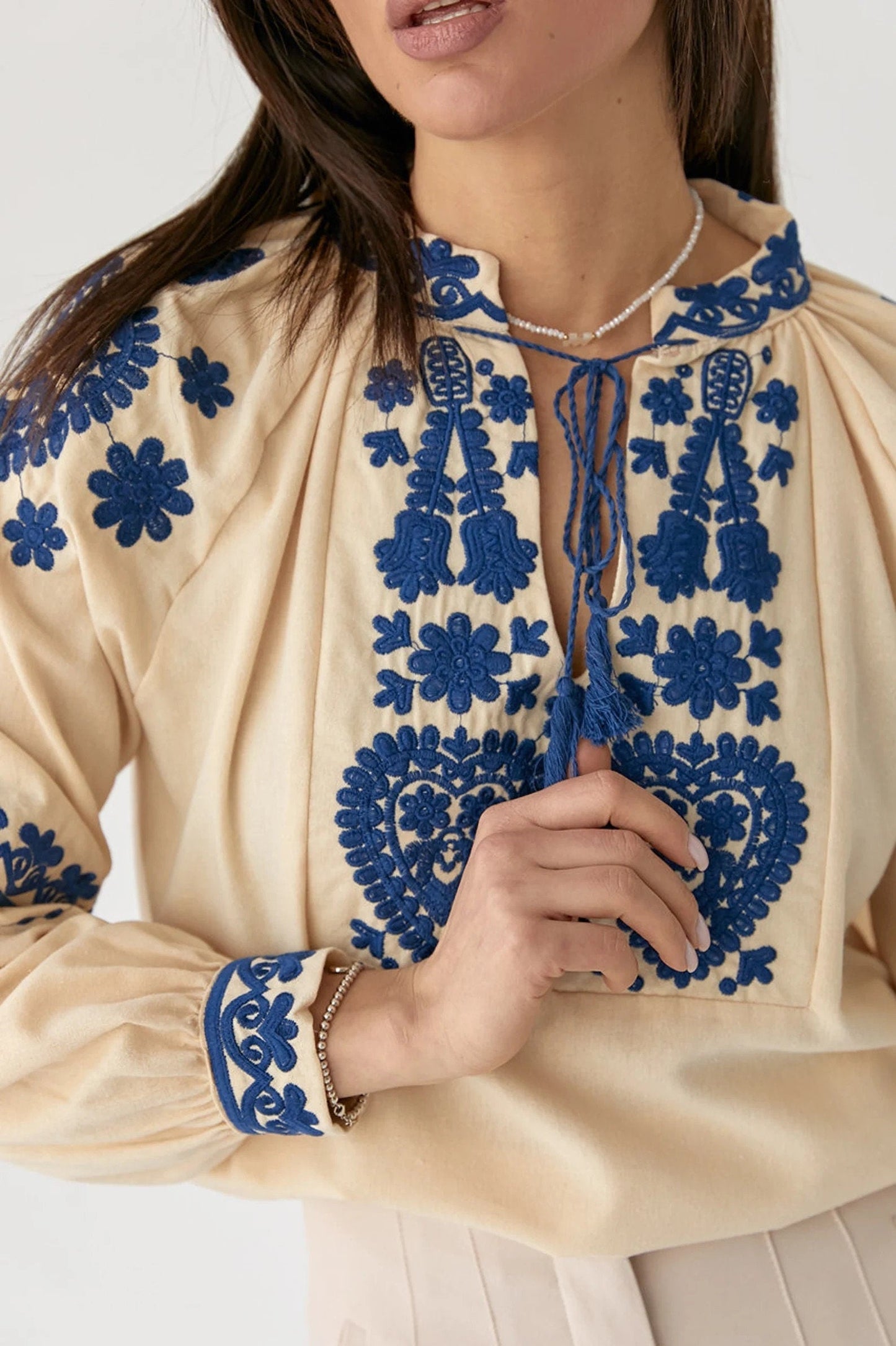 Ukrainian Blue Embroidered Cream Blouse