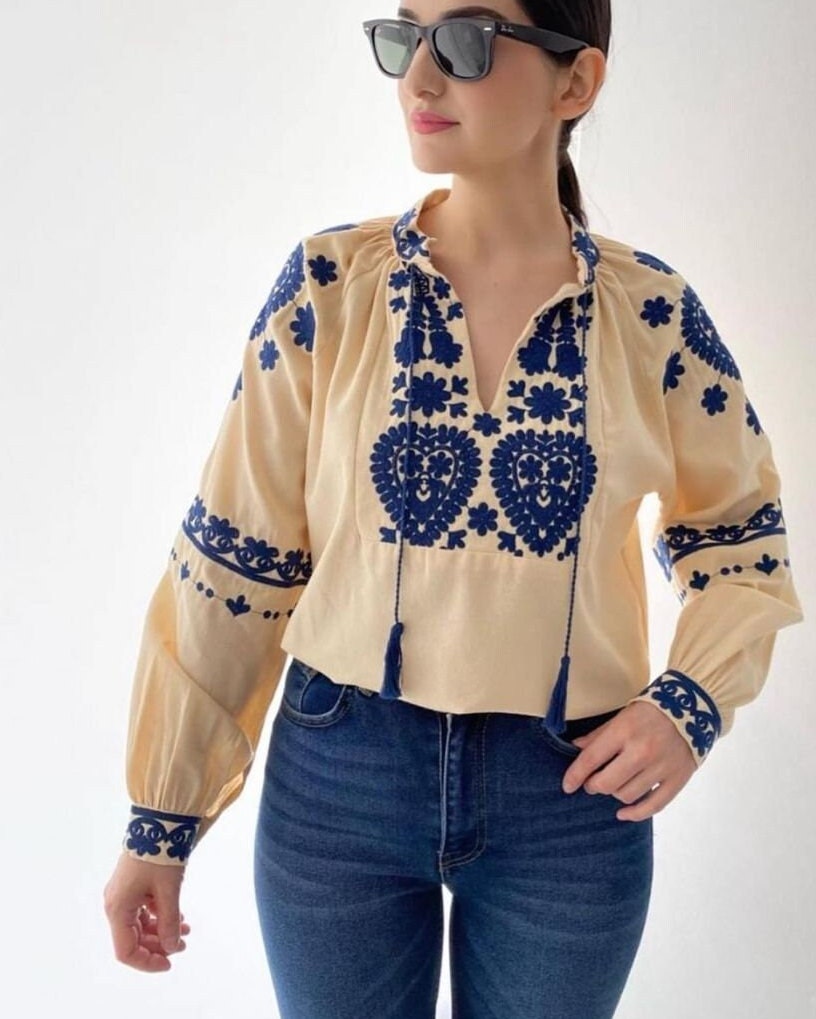 Ukrainian Blue Embroidered Cream Blouse