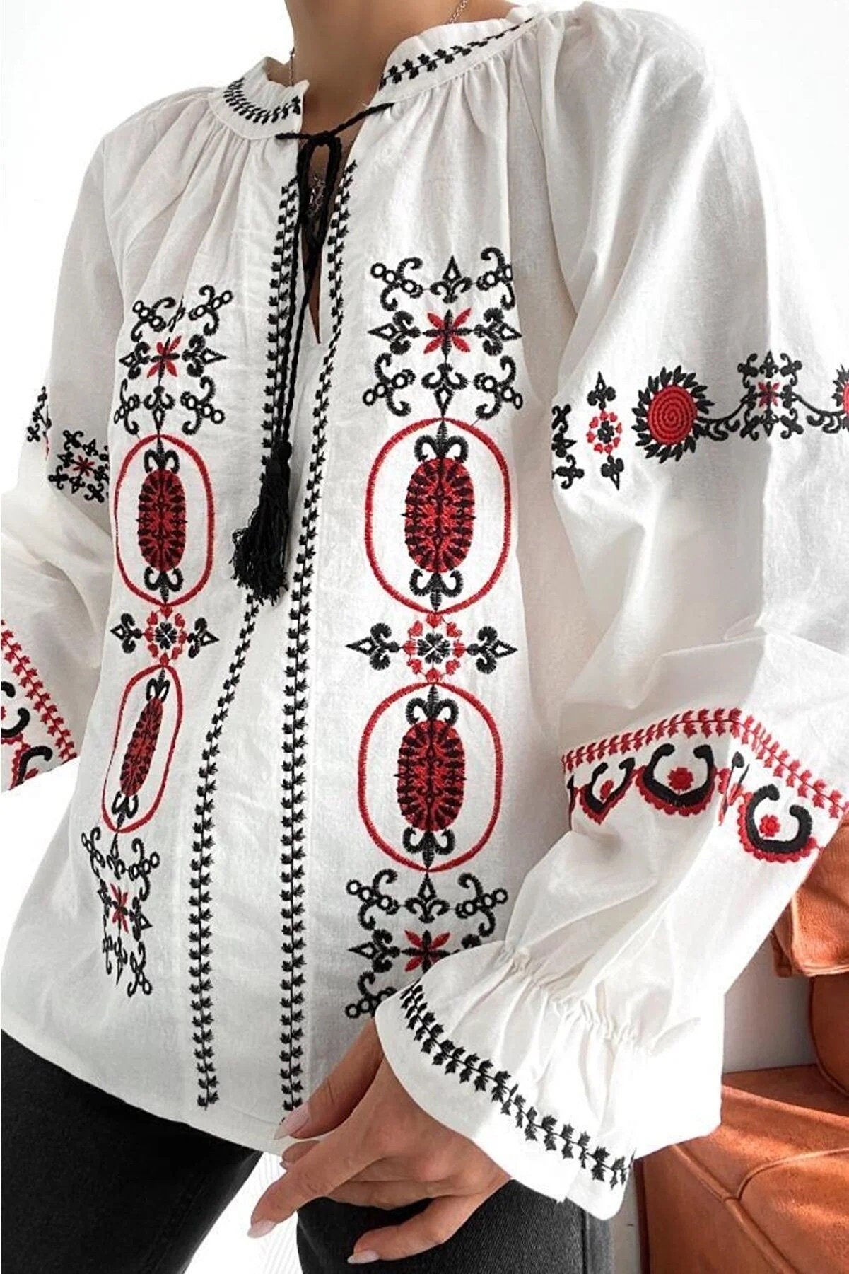 Red Black Embroidered White Ethnic Blouse