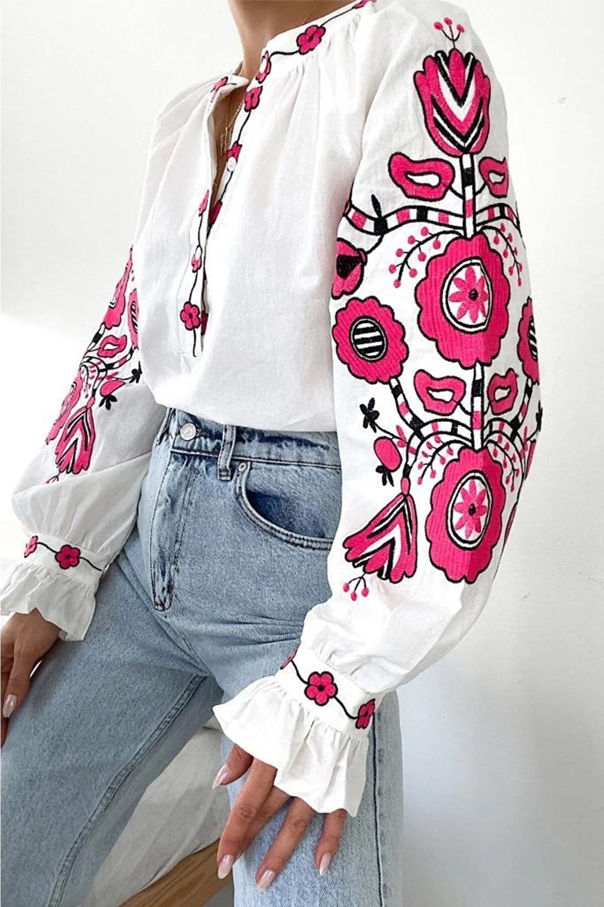 Pink Floral Embroidery Cotton Peasant Blouse