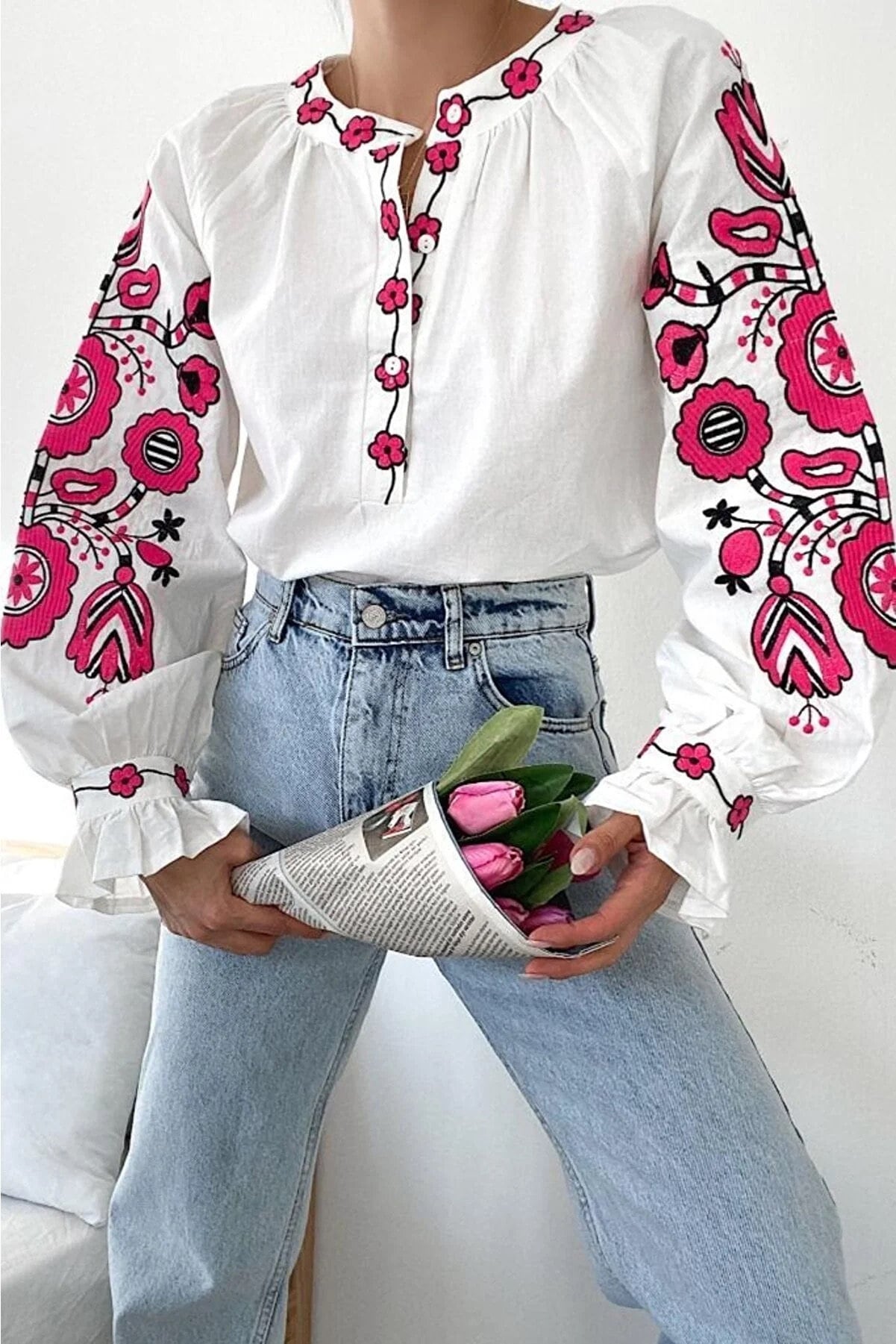 Pink Floral Embroidery Cotton Peasant Blouse