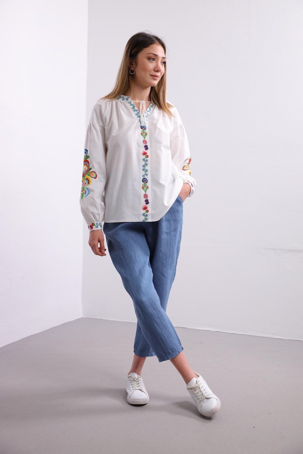 Ukrainian Floral Poplin Embroidered Blouse