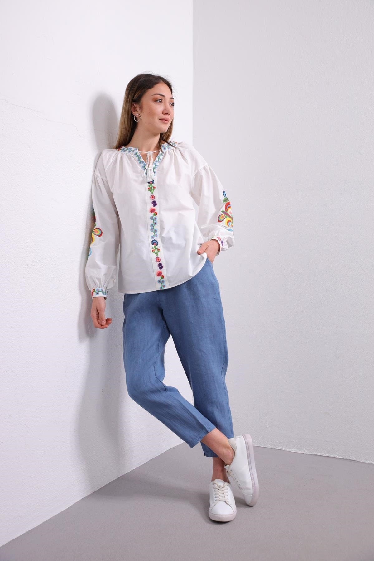 Ukrainian Floral Poplin Embroidered Blouse