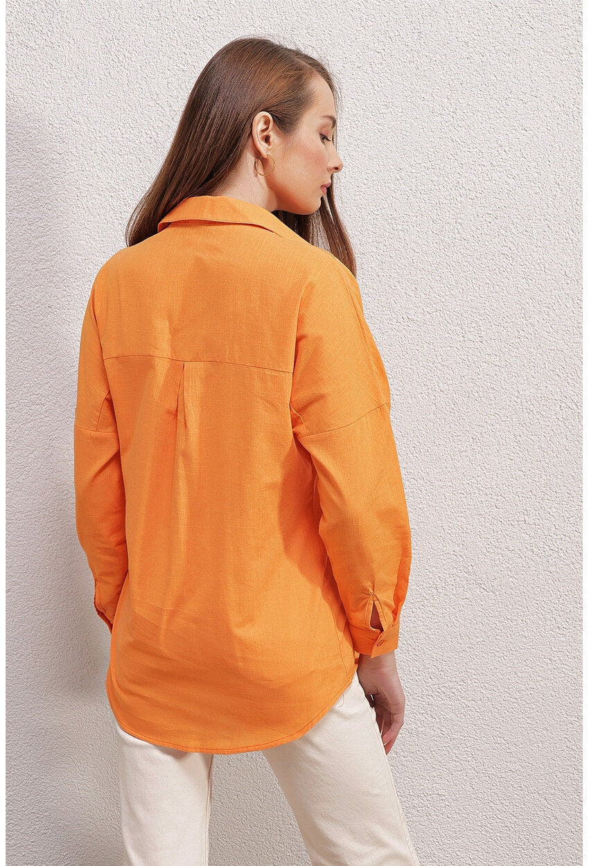 Blusa de mezcla de lino color naranja