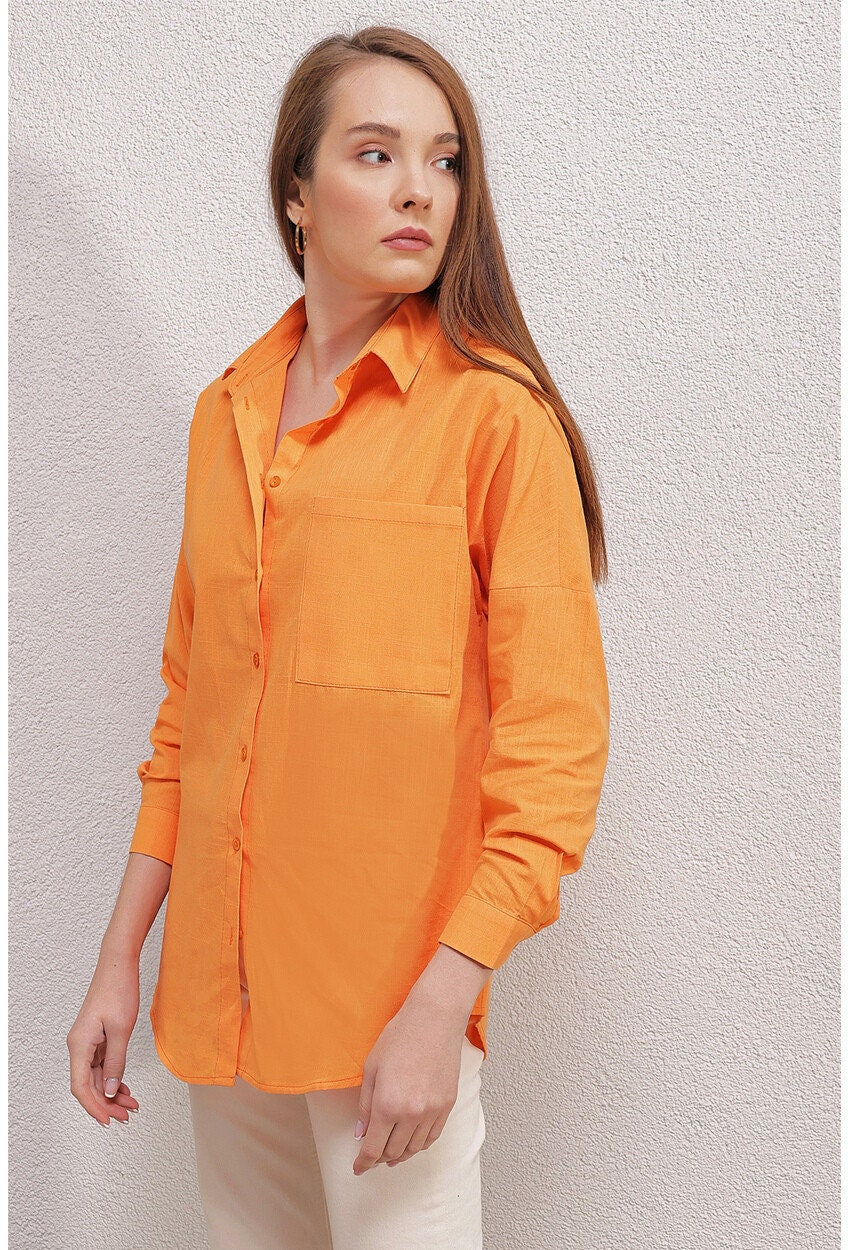 Blusa de mezcla de lino color naranja