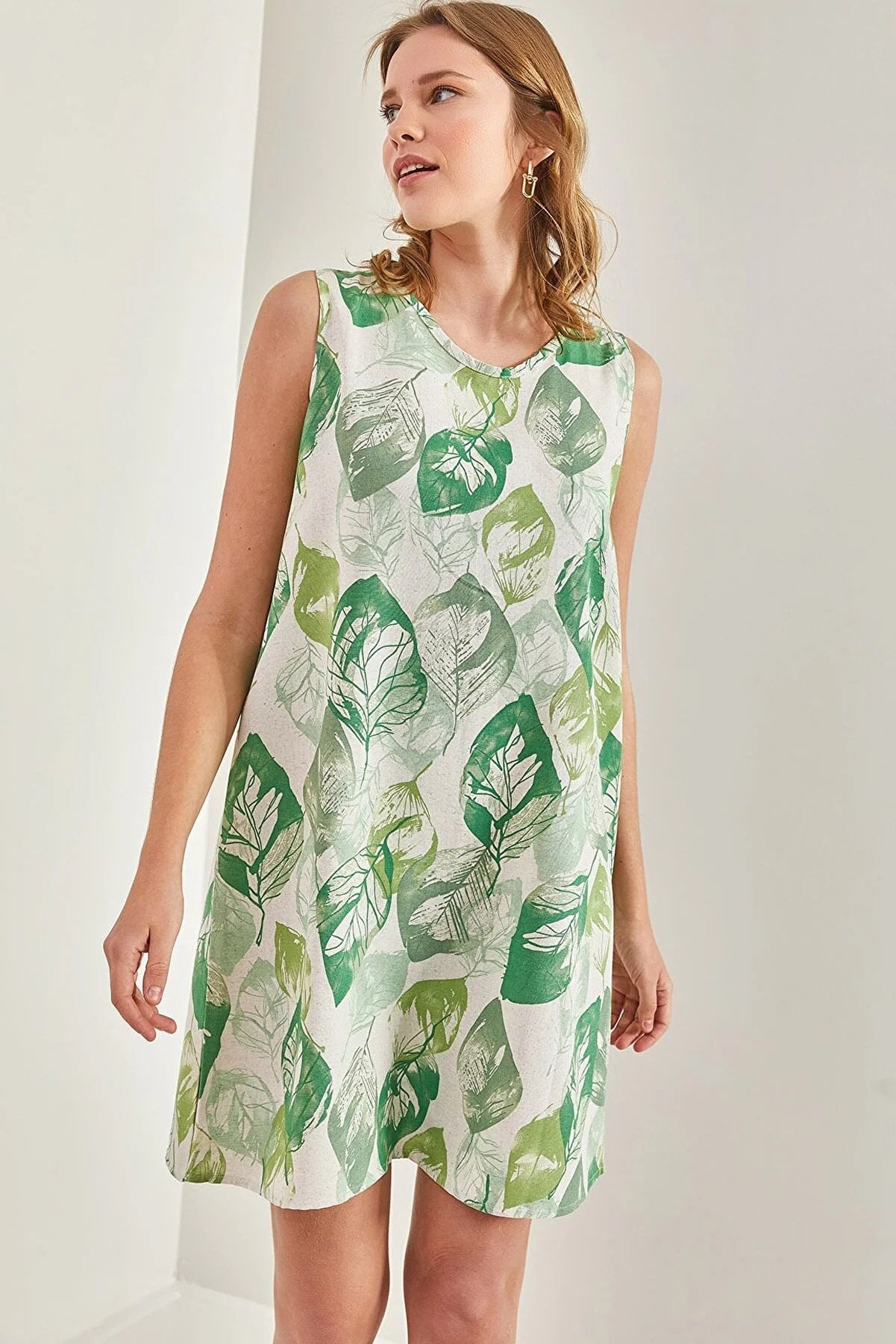 Linen Minimalist Green Leaf Printed Sleeveless Dress