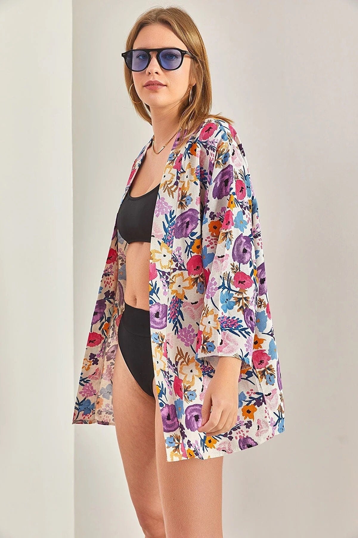 Colorful Purple Floral Print Linen Kimono