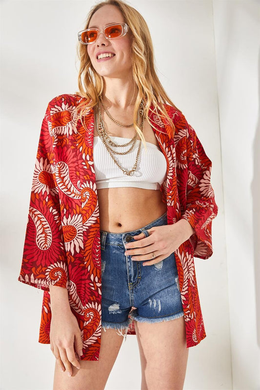 Red Paisley Linen Kimono Cardigan