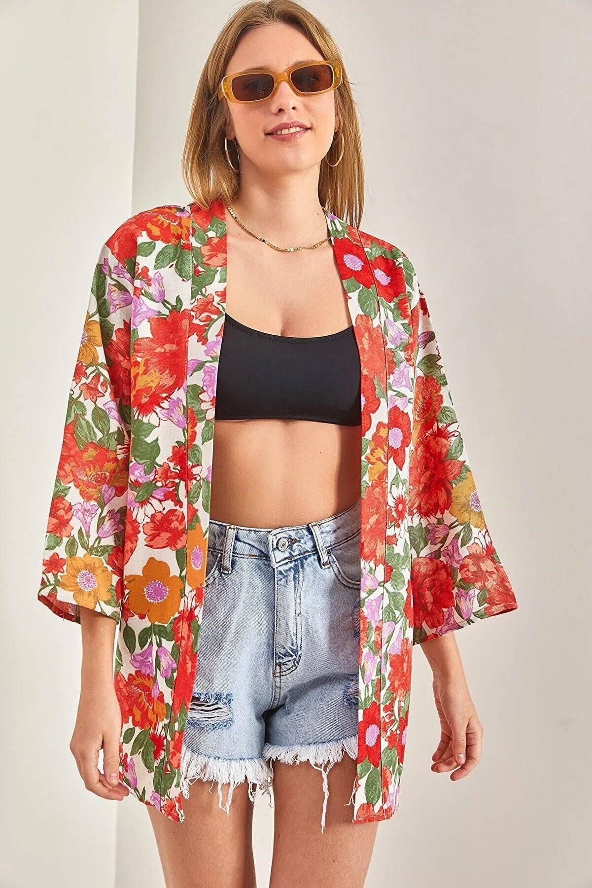 Red Colorful Floral Print Linen Kimono