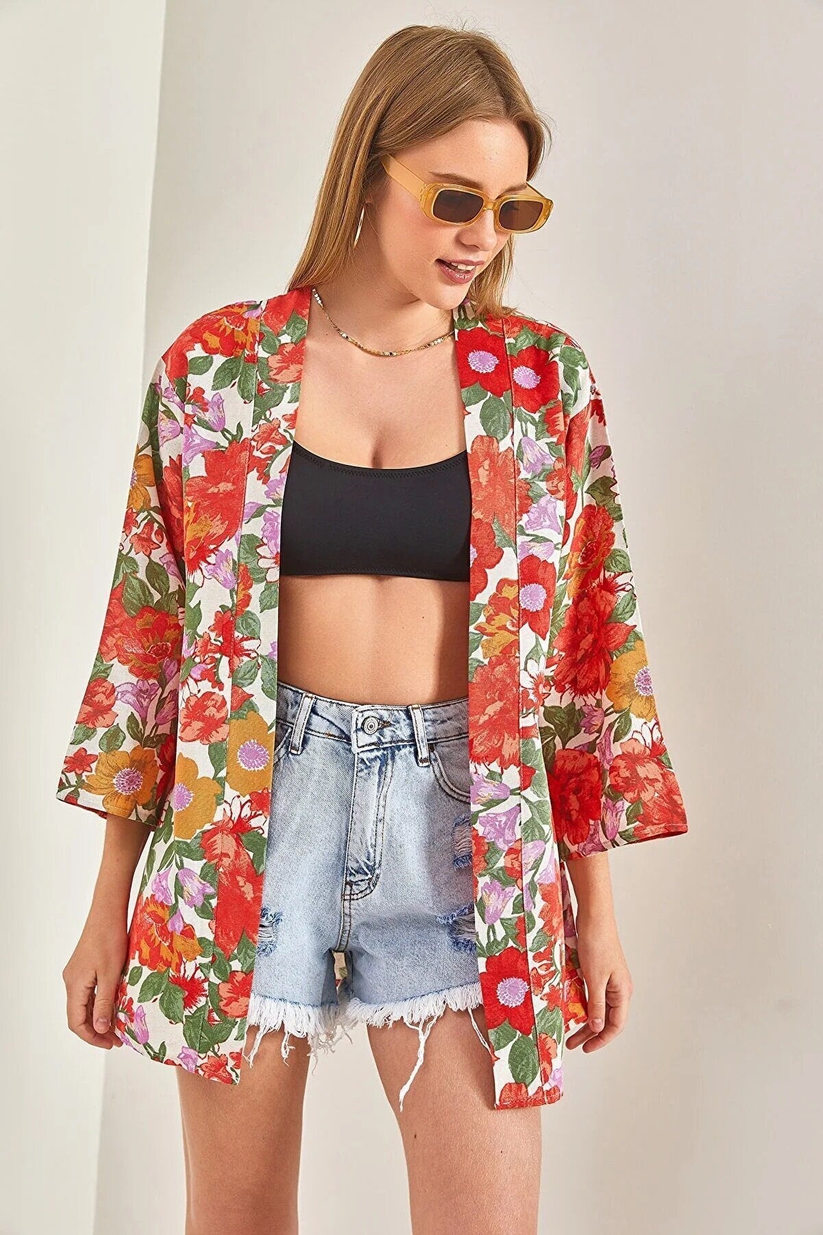 Red Colorful Floral Print Linen Kimono