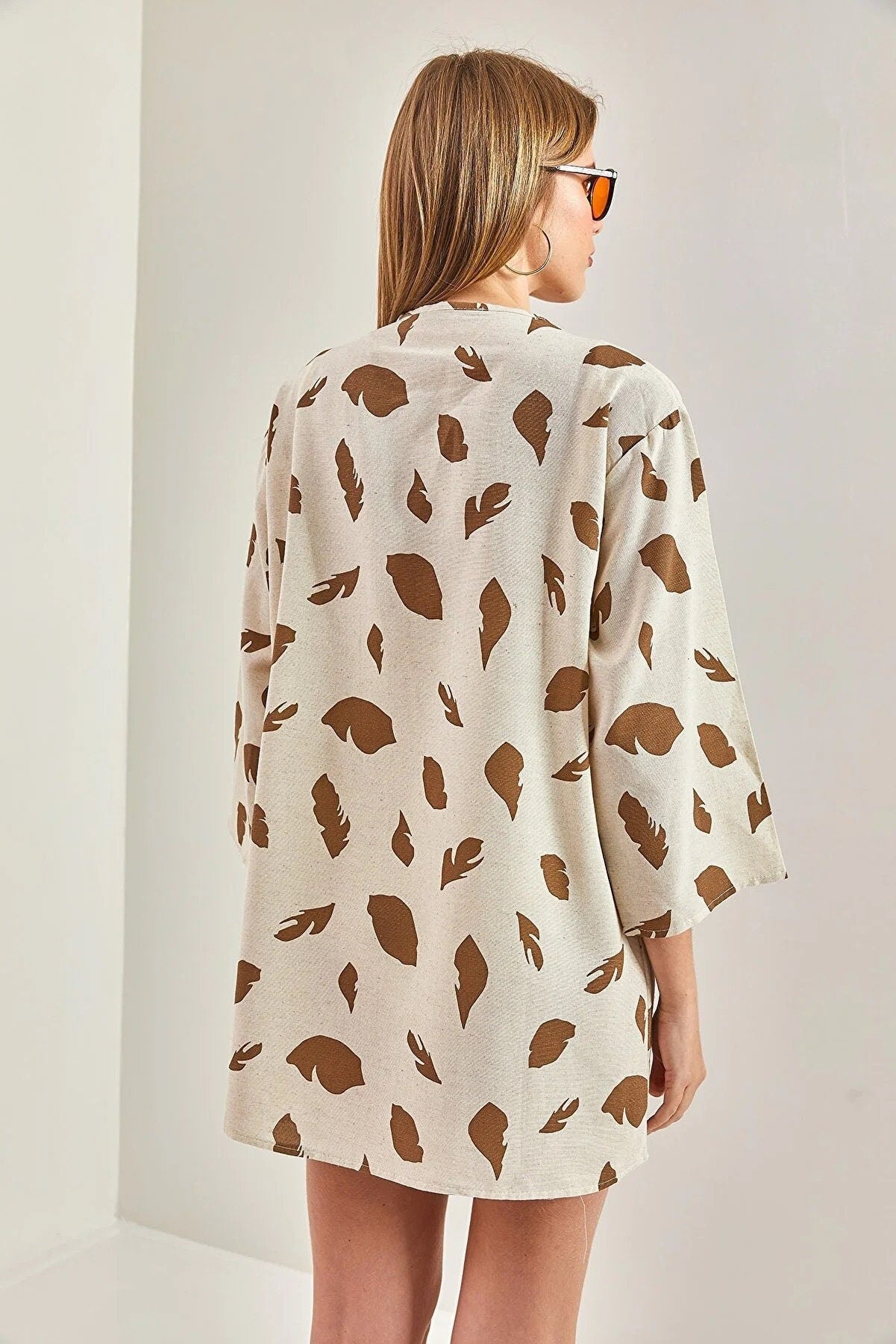 Brown Leaf Print Ivory Linen Kimono