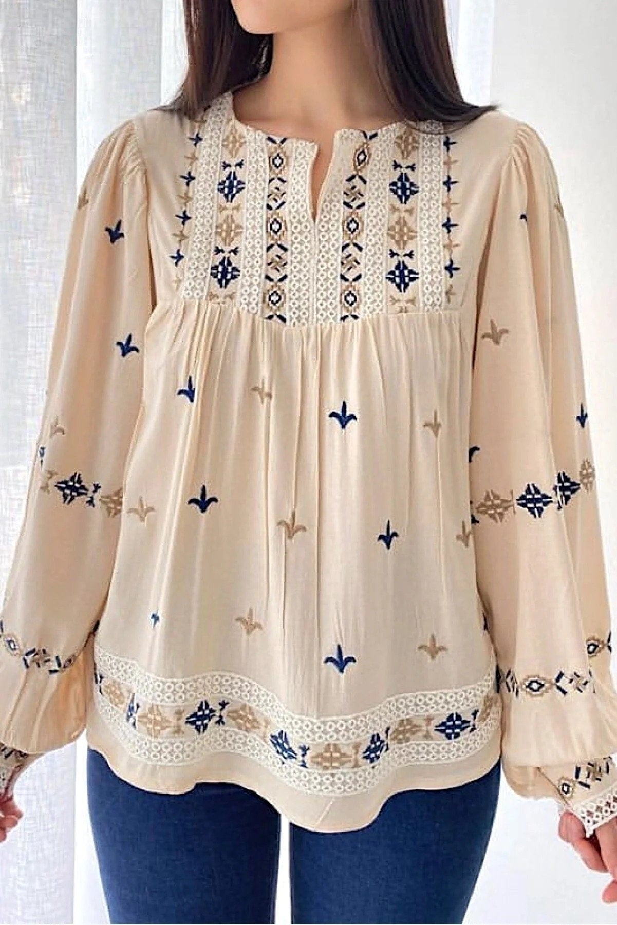 Bohemian Embroidered Peasant Blouse with Lace Details