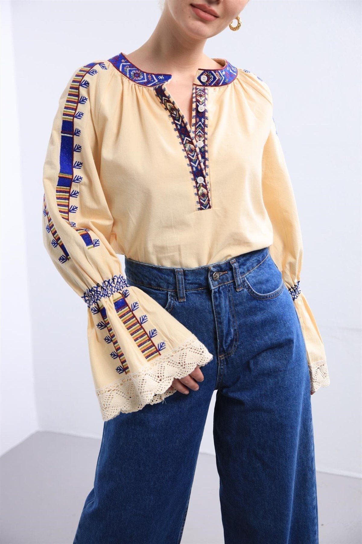 Ethnic Blue Embroidered Angel Sleeve Cotton Blouse