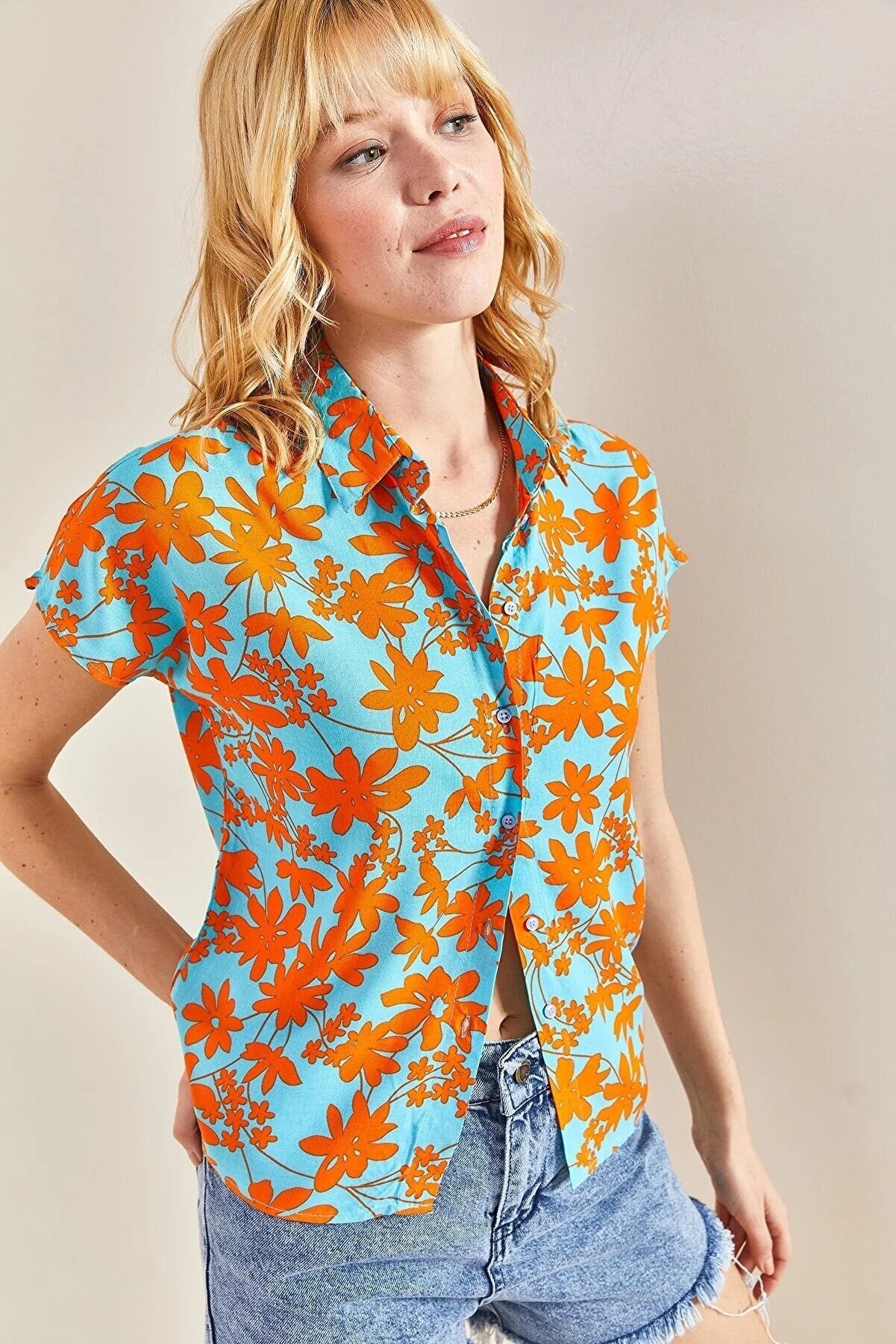 Orange Blue Floral Short Sleeve Blouse