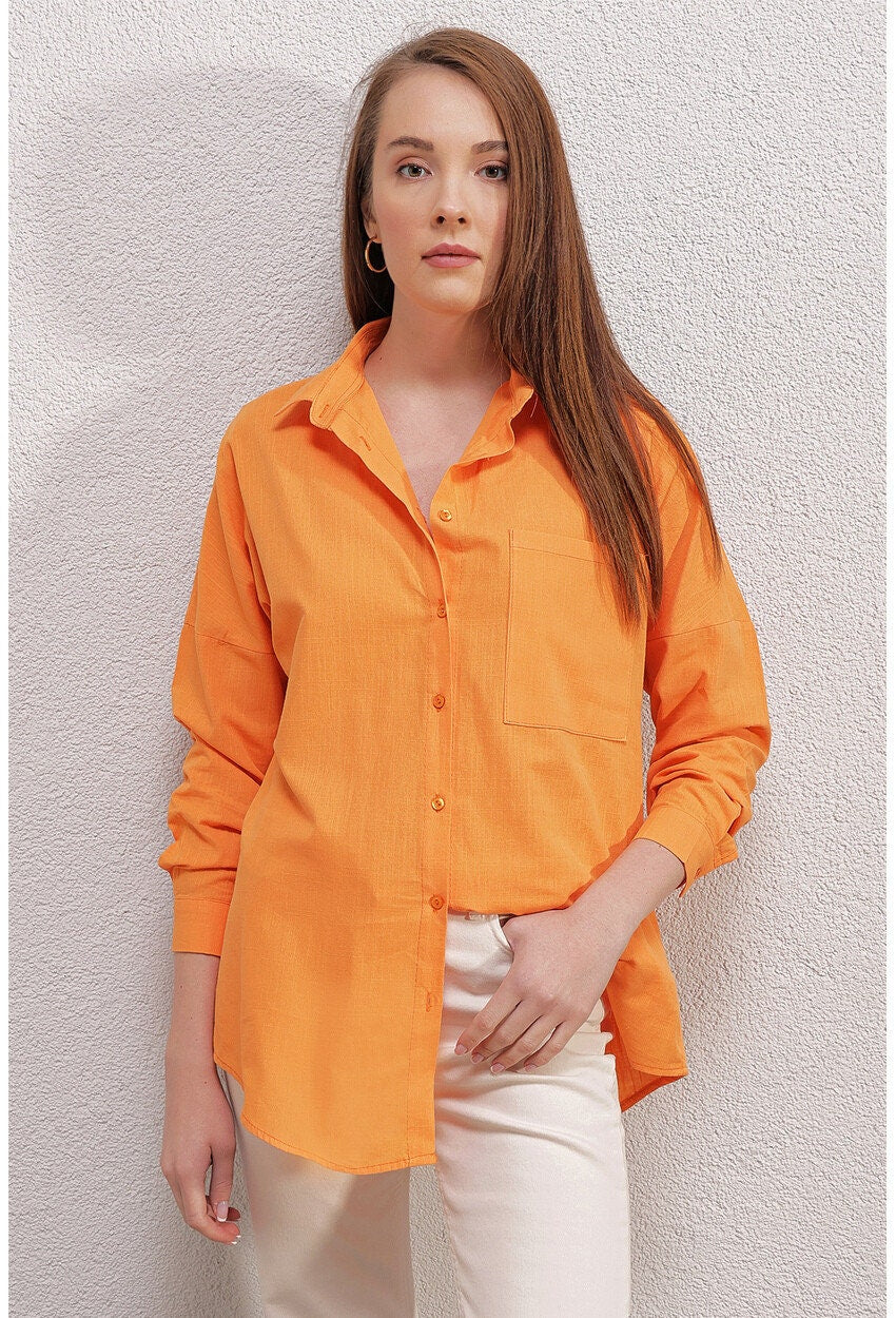 Blusa de mezcla de lino color naranja