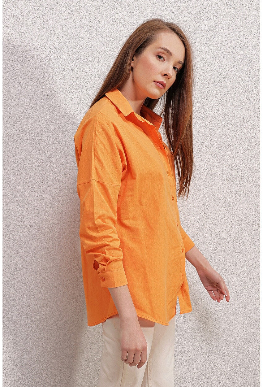 Blusa de mezcla de lino color naranja