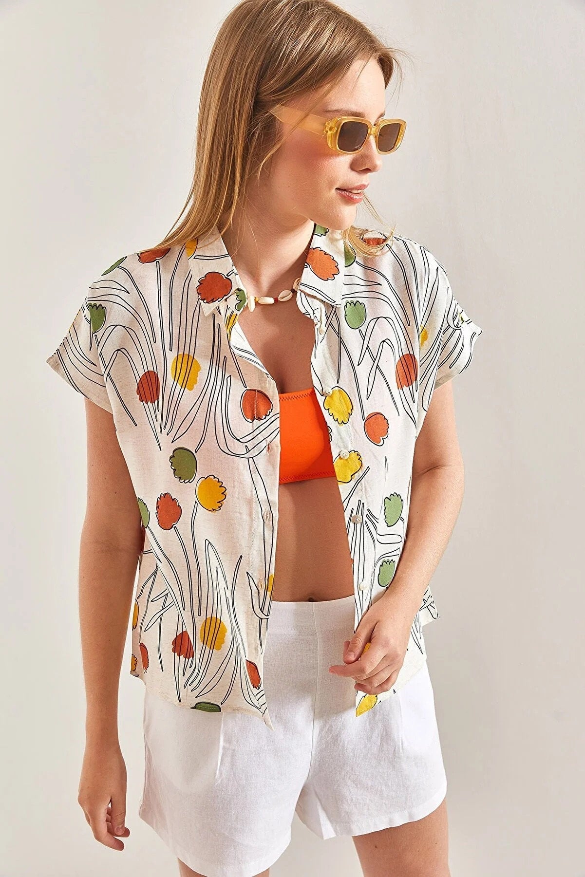 Linen-Blend Tulip Print Shirt