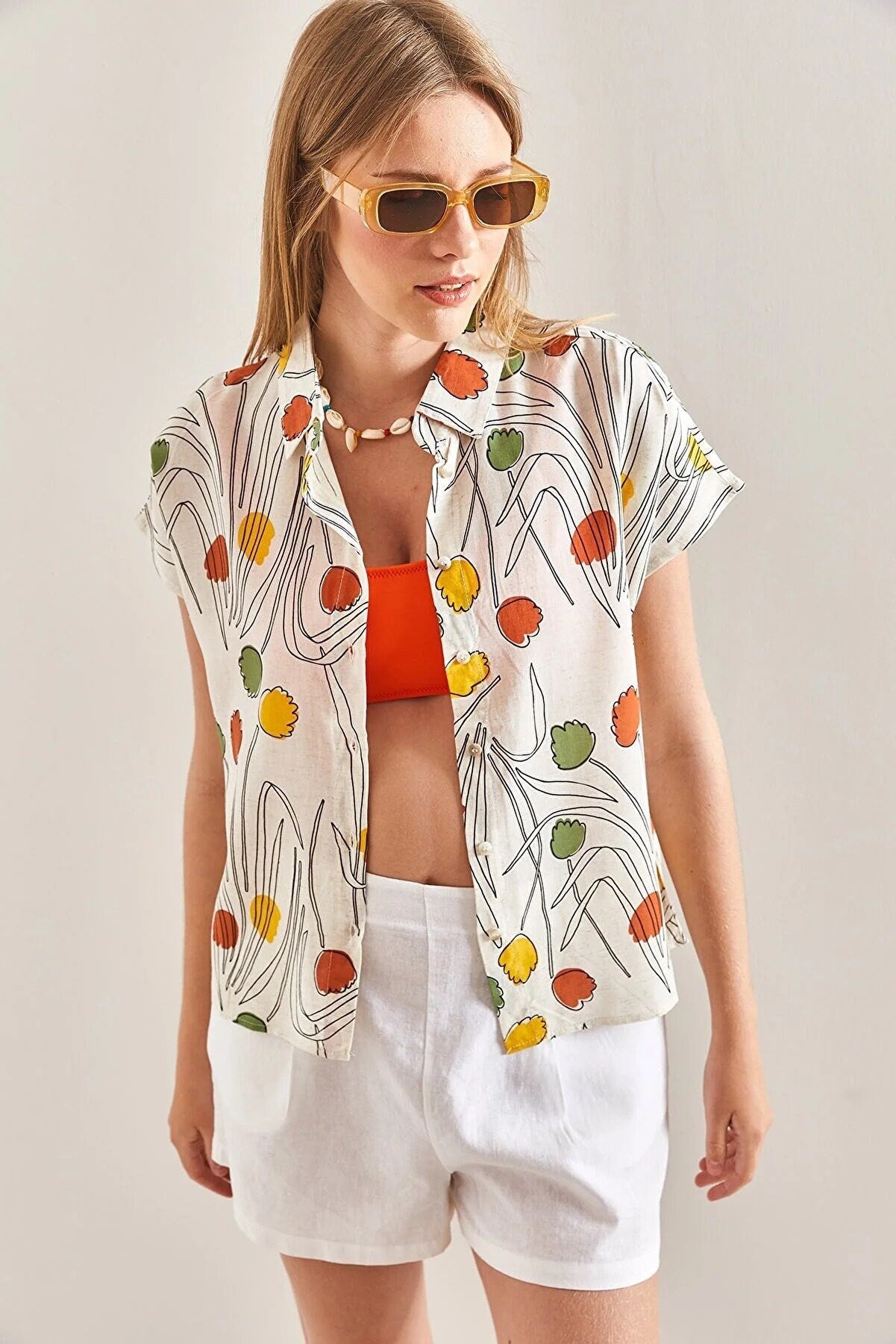 Linen-Blend Tulip Print Shirt