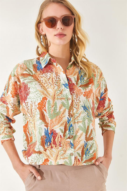 Soft Orange Leaf Print Linen Blouse