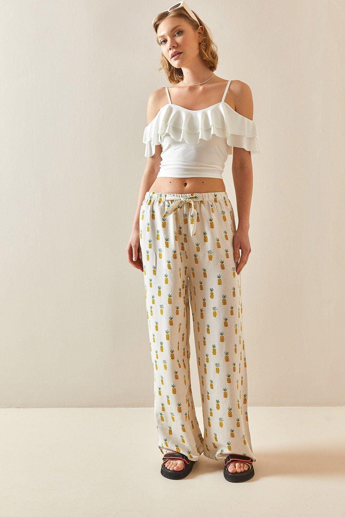 Pineapple Design Wide Leg Linen Pants