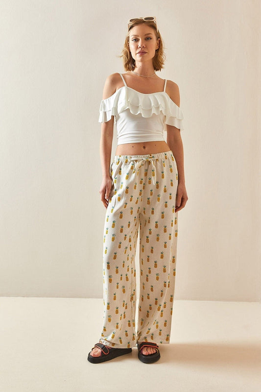 Pineapple Design Wide Leg Linen Pants