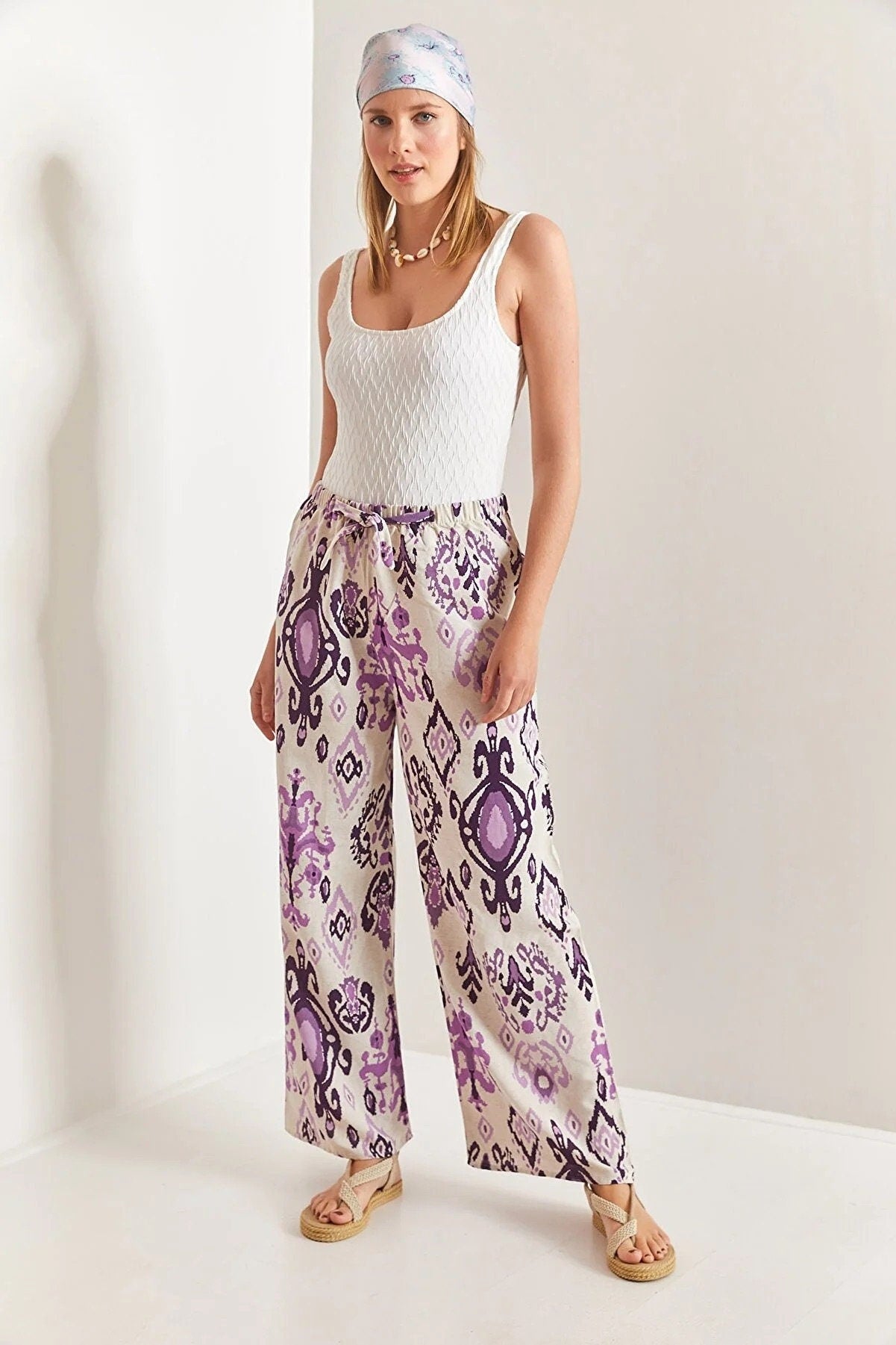 Purple Ethnic Design Wide Leg Linen Pants