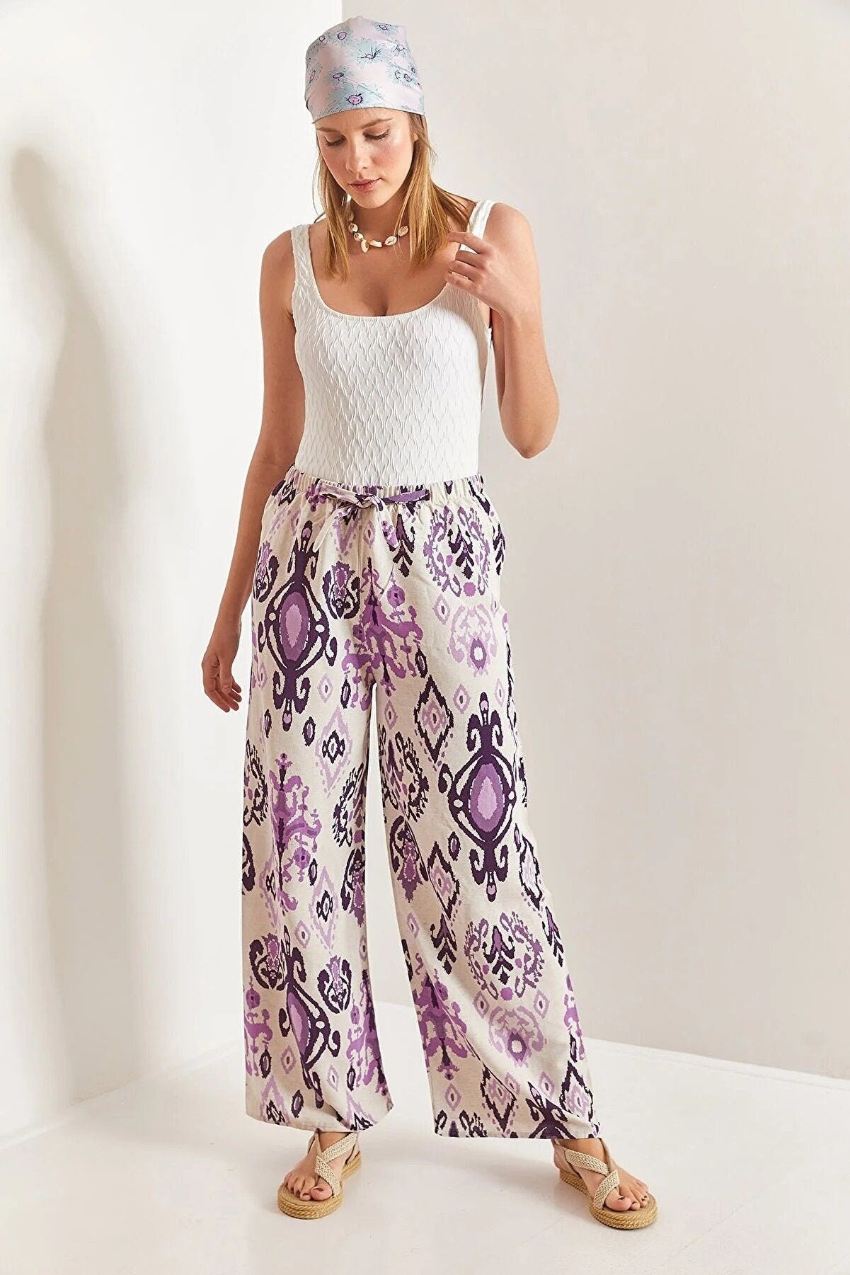 Purple Ethnic Design Wide Leg Linen Pants