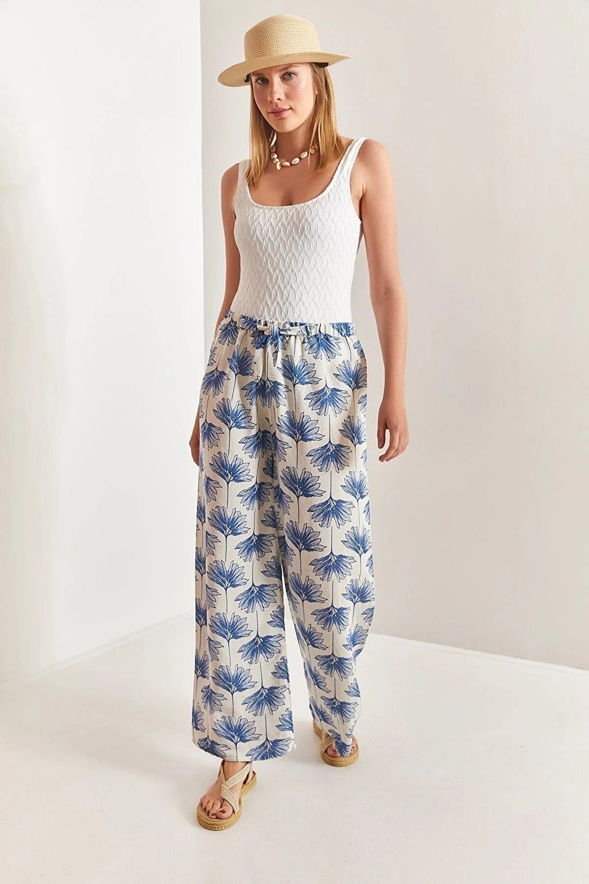 Blue Gingko Print Wide Leg Linen Pants