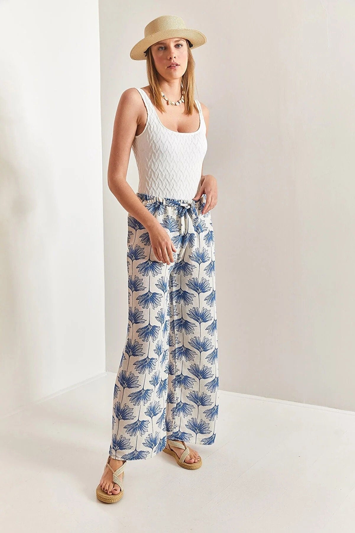 Blue Gingko Print Wide Leg Linen Pants