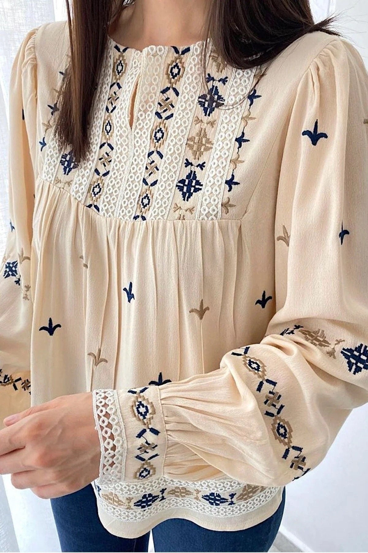 Bohemian Embroidered Peasant Blouse with Lace Details