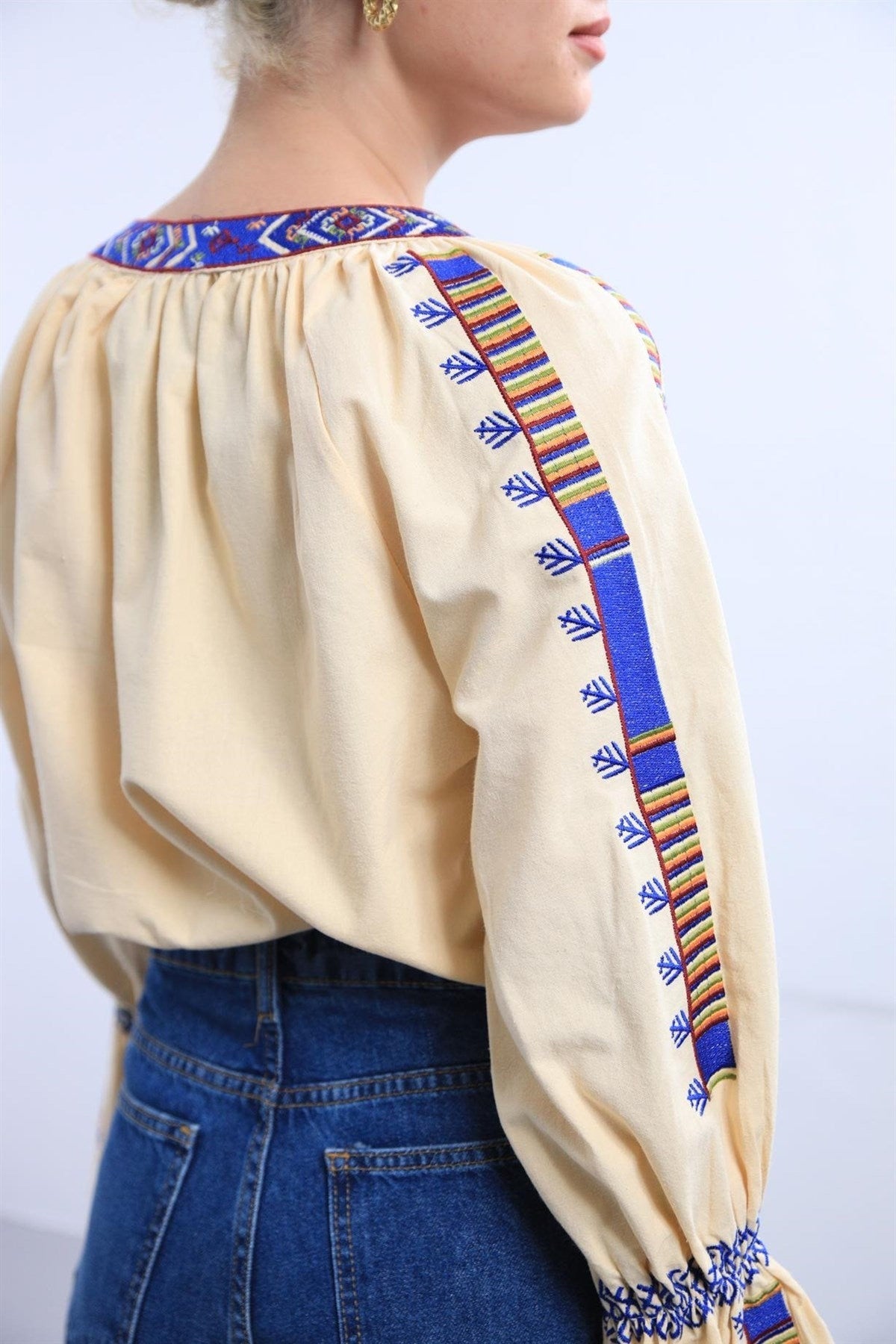 Ethnic Blue Embroidered Angel Sleeve Cotton Blouse