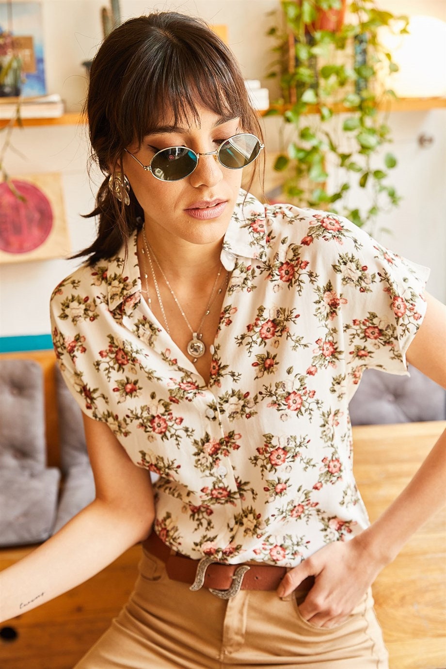 Soft Orange Floral Short Sleeve Blouse