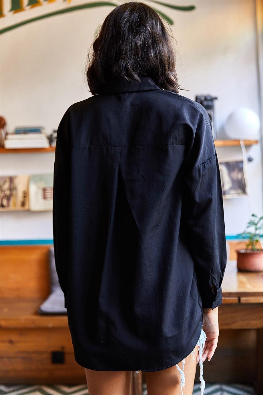 Black Palm Sequin Detailed Oversize Button Down Shirt