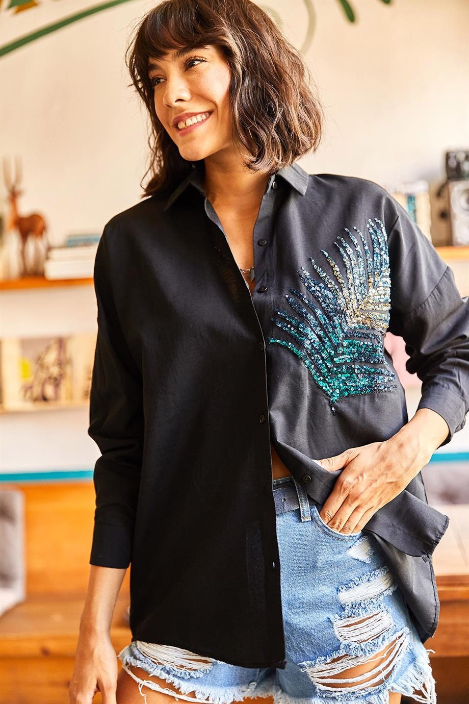 Black Palm Sequin Oversize Blouse