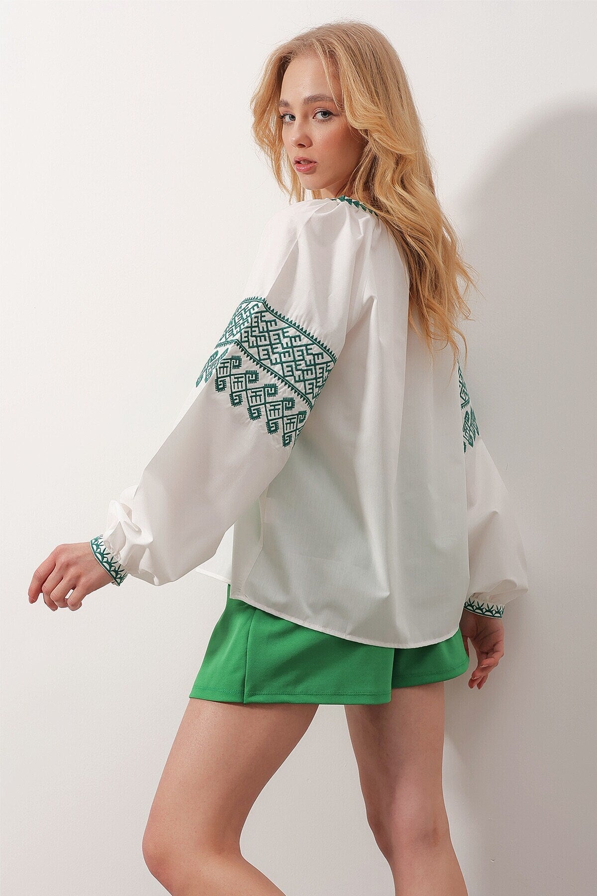 Green Embroidered Cotton White Ukrainian Shirt