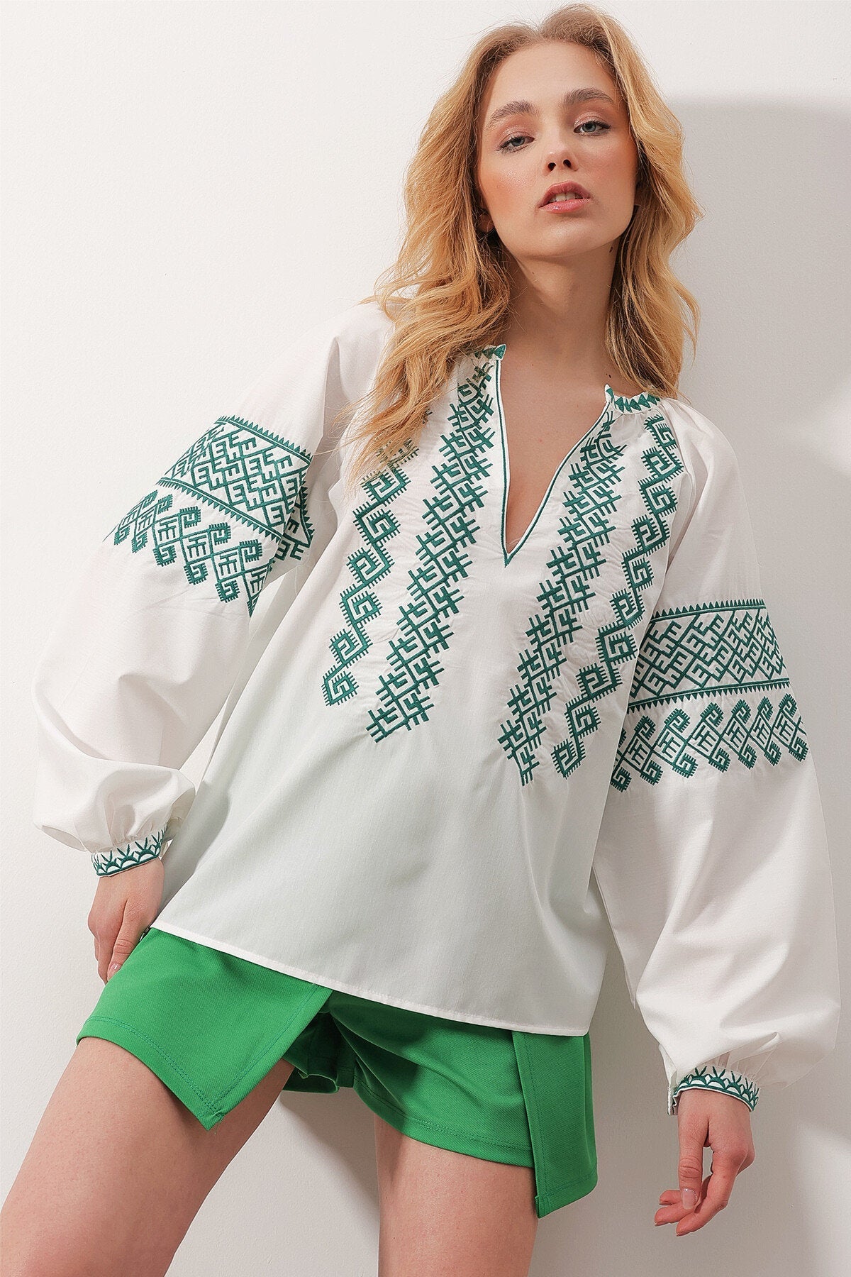 Green Embroidered Cotton White Ukrainian Shirt