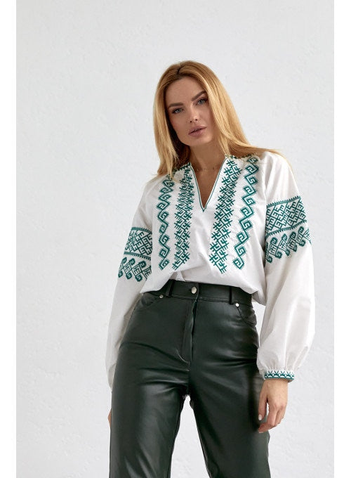 Green Embroidered Cotton White Ukrainian Shirt