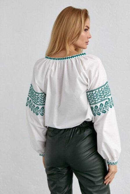 Green Embroidered Cotton White Ukrainian Shirt