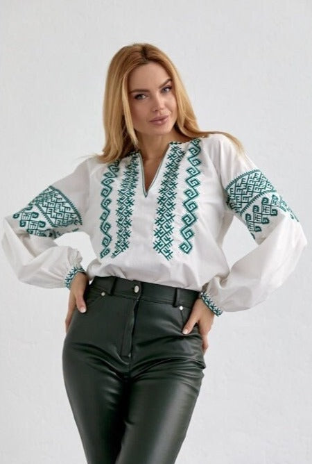 Green Embroidered Cotton White Ukrainian Shirt