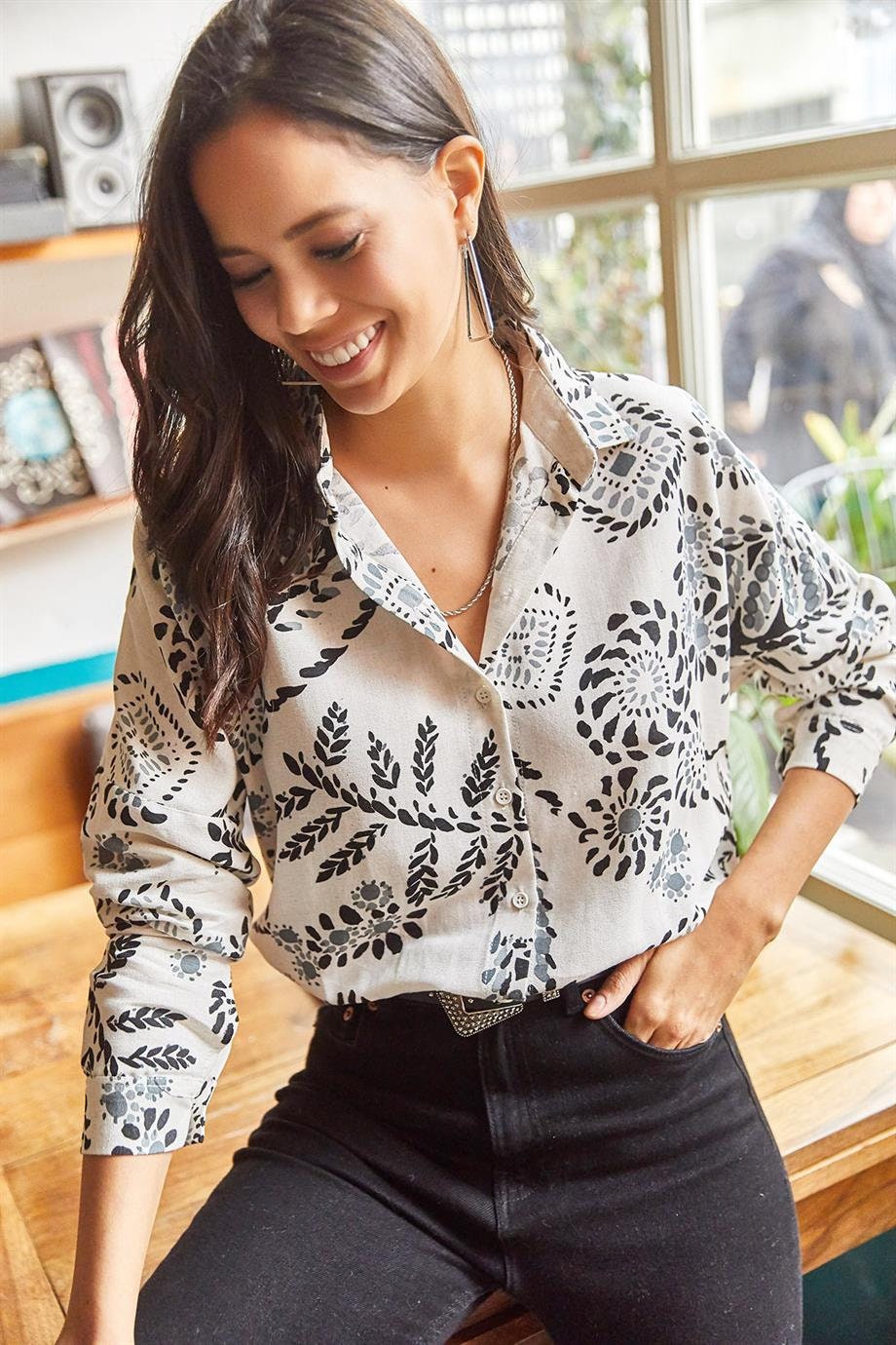 Blue Floral Print Linen Blend Button Down Blouse