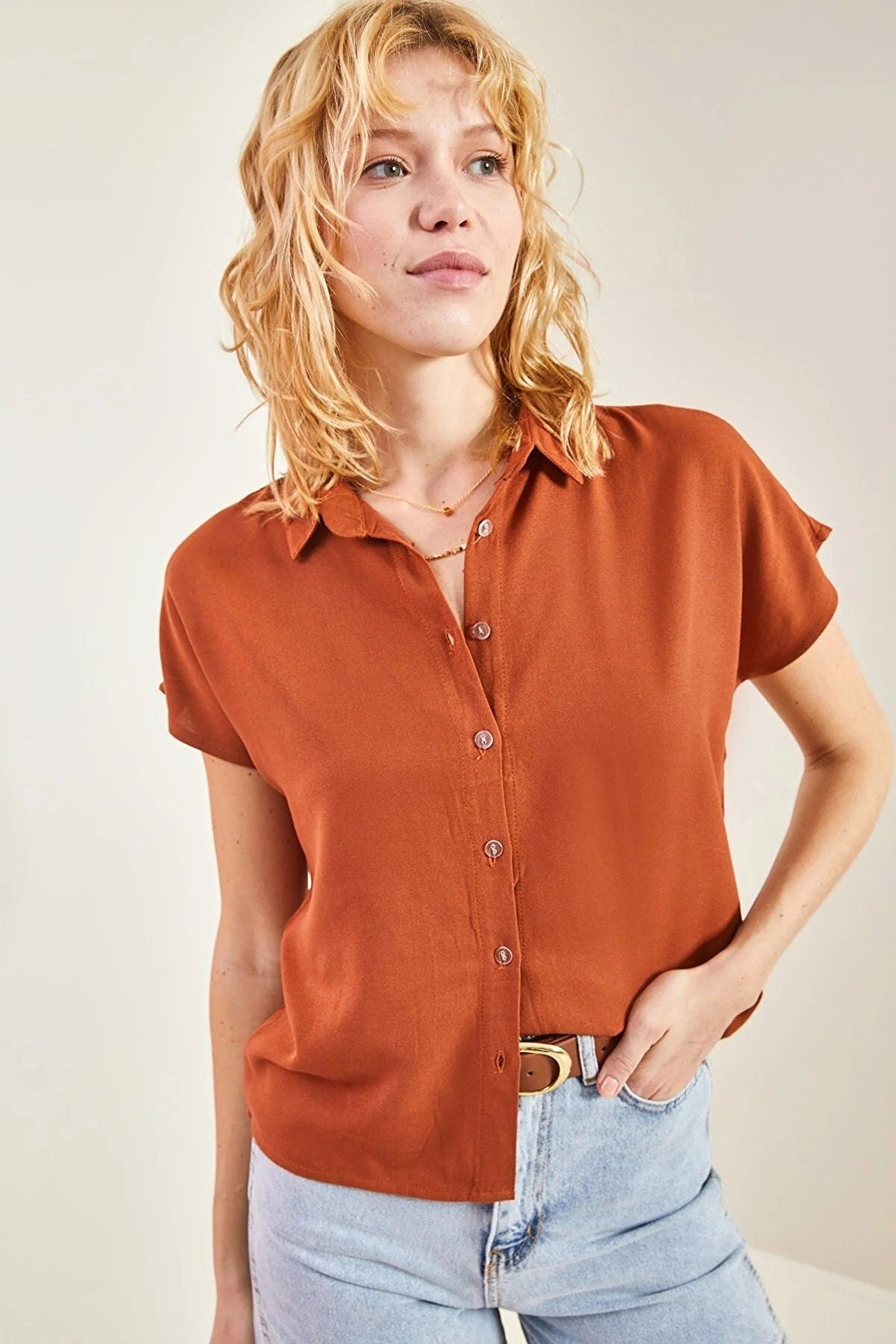 Camel Linen Short Sleeve Blouse