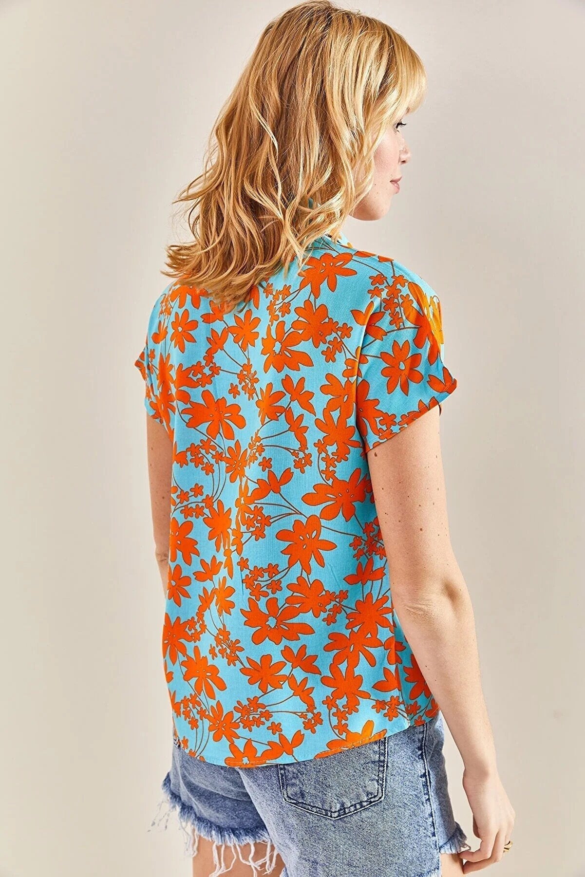 Orange Blue Floral Short Sleeve Blouse