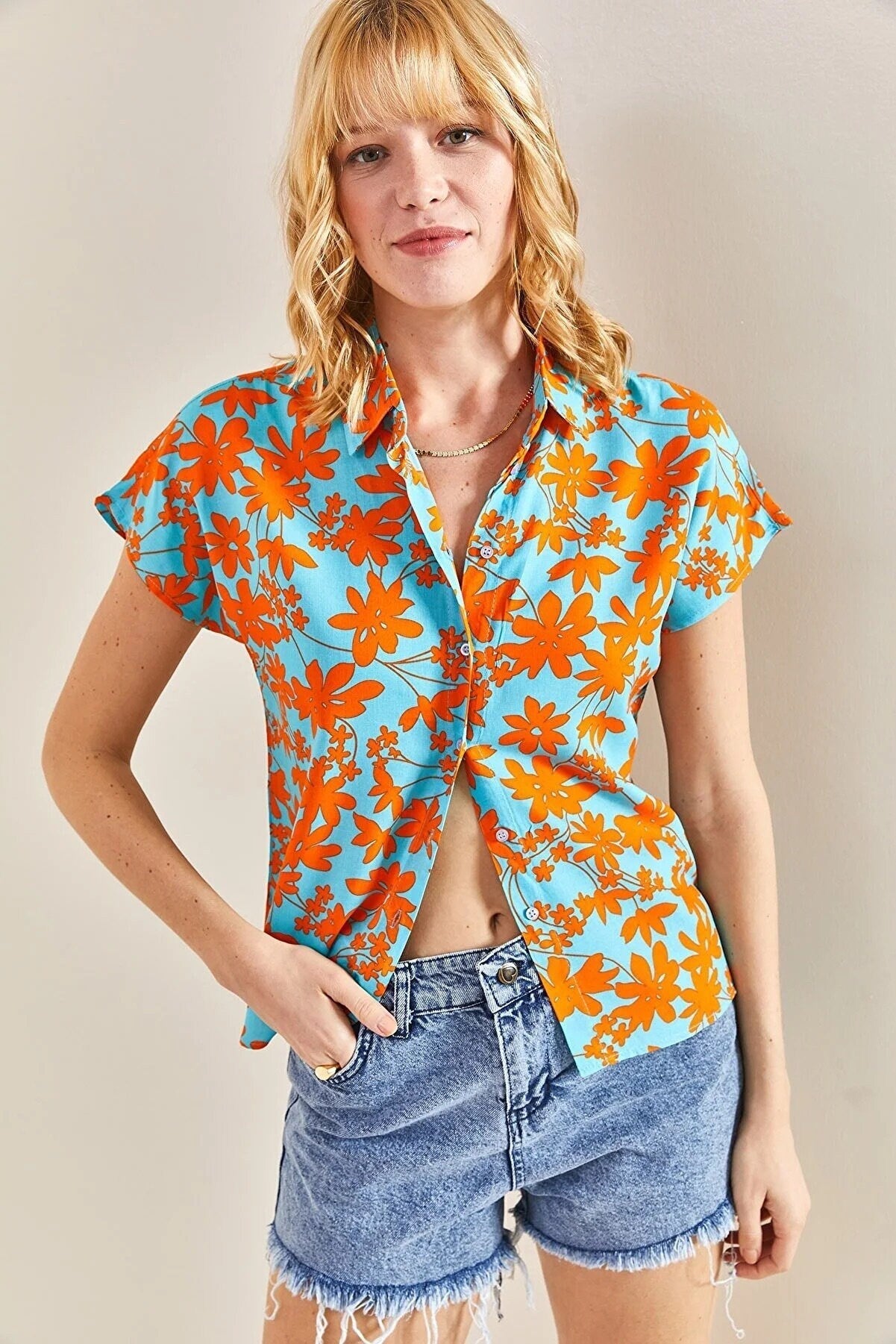 Orange Blue Floral Short Sleeve Blouse