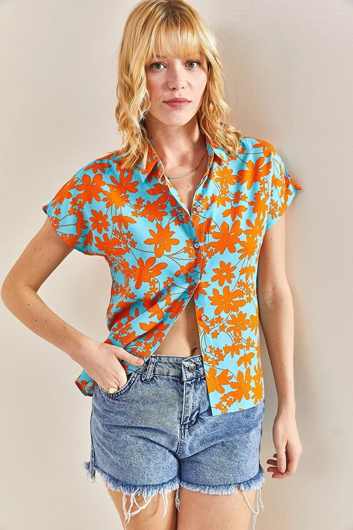 Orange Blue Floral Short Sleeve Blouse